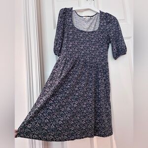 Boden Navy Floral 3/4 Long Puff Sleeve Scoop Neck Knit Cotton Knee Length Dress